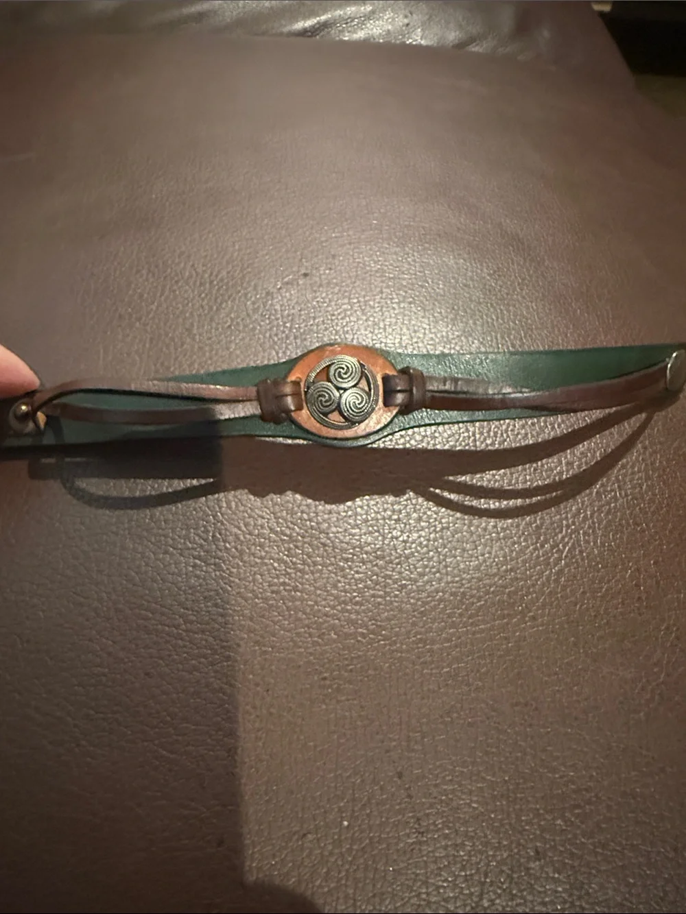 Handmade Green and Brown Leather Triple-Strand Bracelet with Celtic Medallion